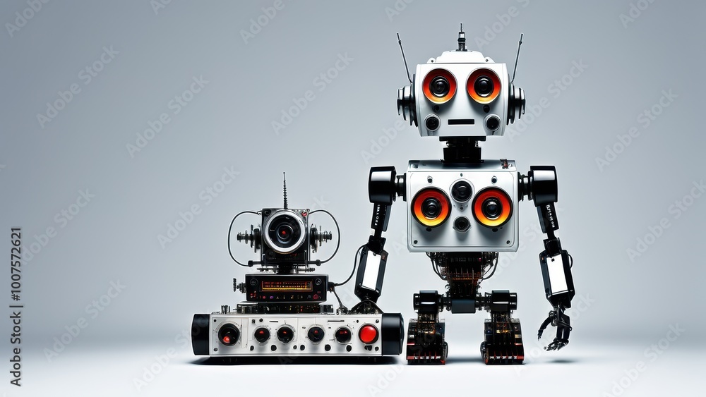 Poster two retro-style robots with expressive eyes and antennas, showcasing a blend of technology and desig