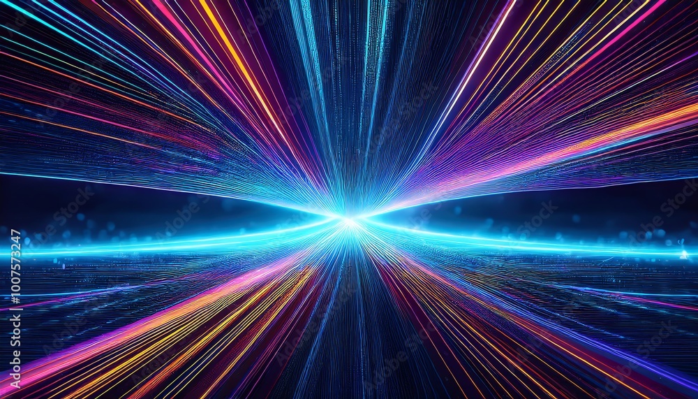 Poster a vibrant abstract depiction of light rays converging in a futuristic space, creating a dynamic sens