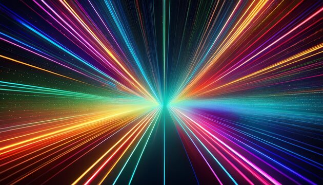 A vibrant display of colorful streaks radiating outward, creating a mesmerizing sense of movement and energy with a central bright focal point.