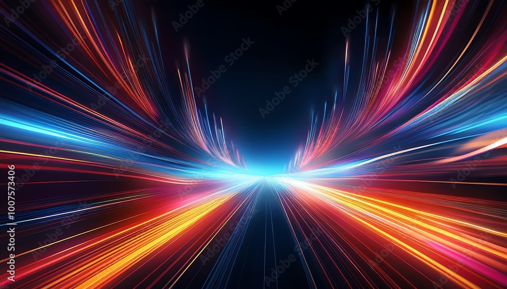 Poster a vibrant, abstract representation of light trails converging towards a bright center, evoking a sen