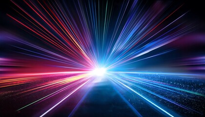A vibrant, abstract display of light streaks radiating from a central point, creating a sense of motion and energy.