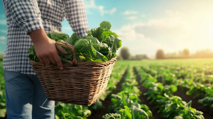 Fresh vegetables are being carried in woven basket by farmer in lush green field under bright sky. scene captures essence of agriculture and joy of harvesting