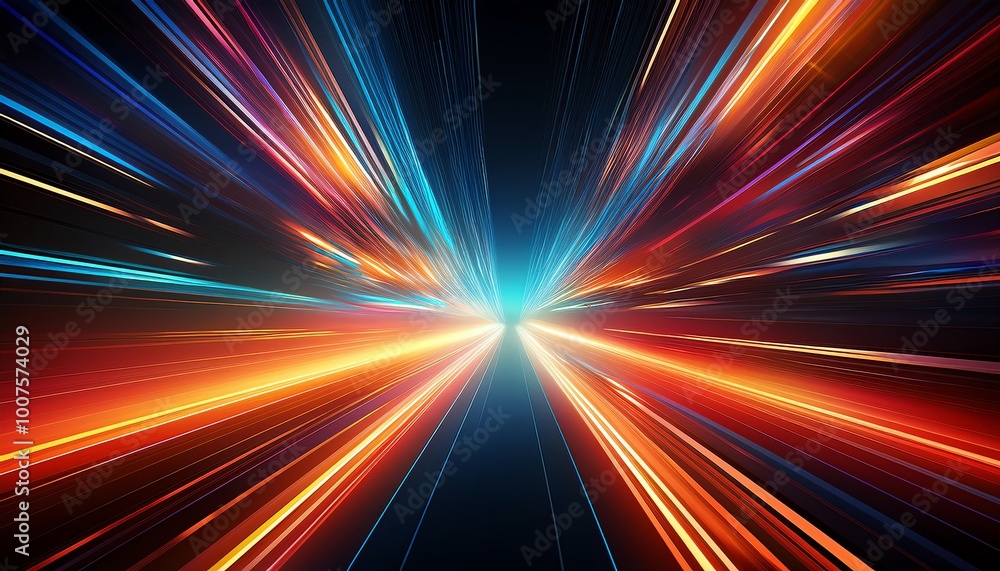Poster a dynamic display of vibrant light streaks converging towards a bright center, creating a sense of m