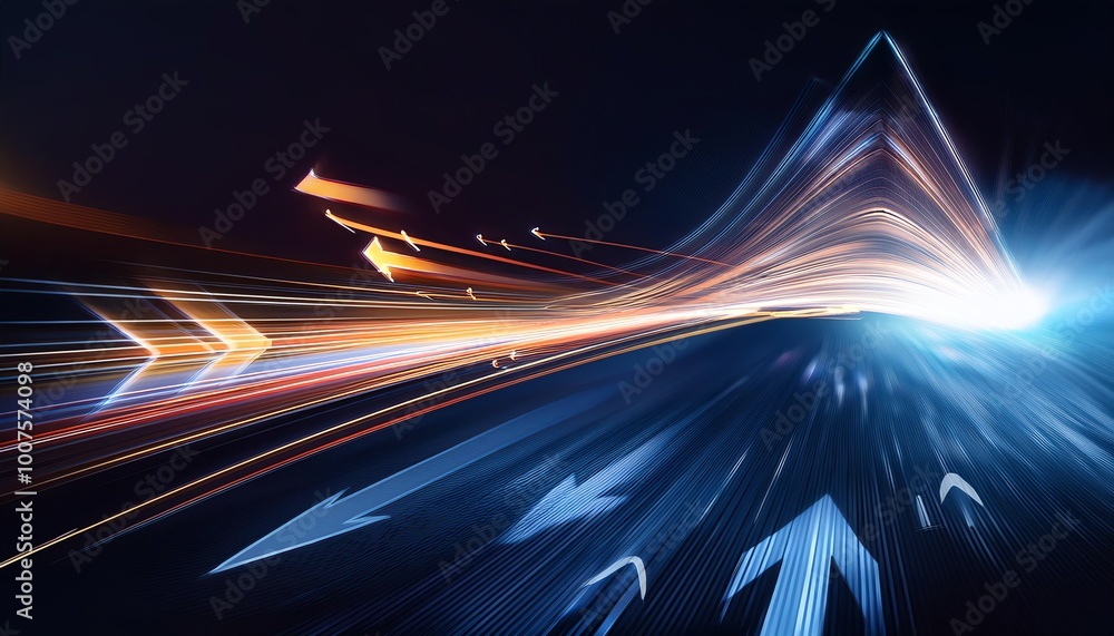 Poster a dynamic, abstract image featuring light trails and arrows, suggesting speed and movement in a dark