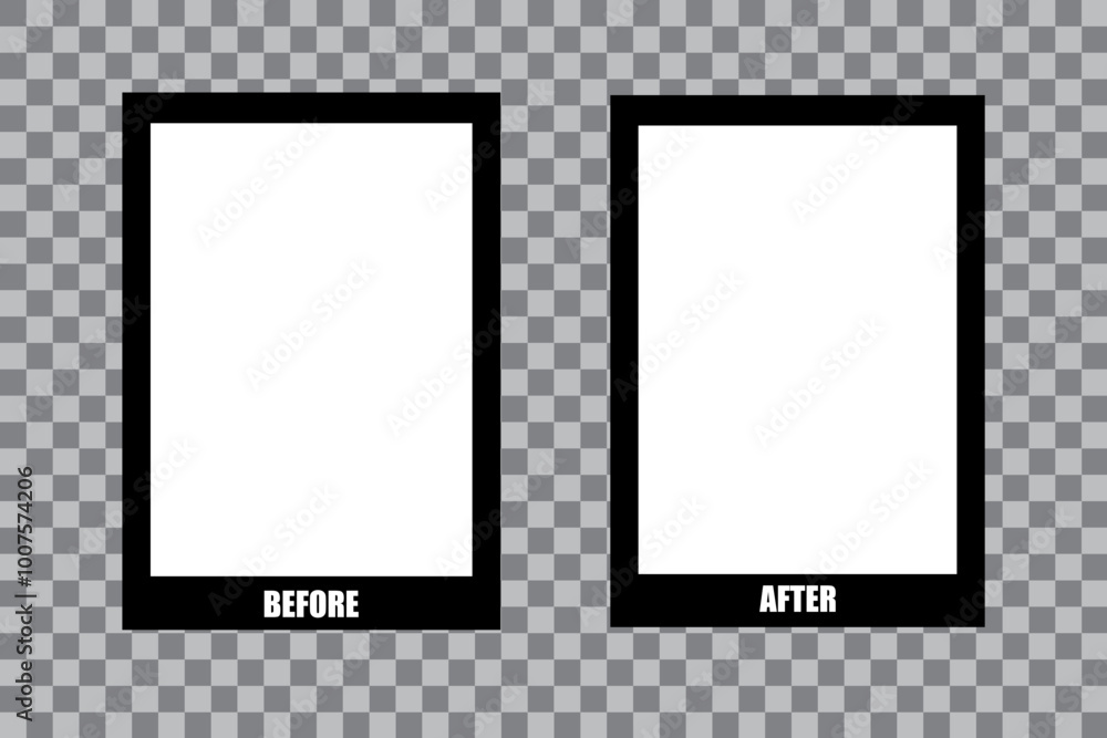 Poster before and after frames with bold black borders. minimalist comparison layout with text labels. abst