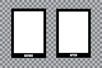 Before and after frames with bold black borders. Minimalist comparison layout with text labels. Abstract design for transformation concepts.