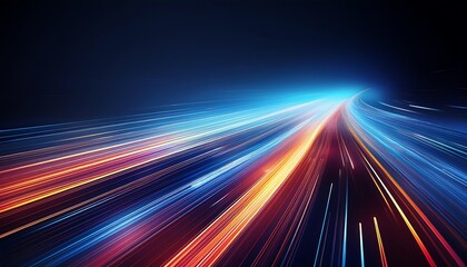 A vibrant display of light trails in motion, showcasing electric blues and fiery reds against a dark backdrop, creating a sense of speed and energy.