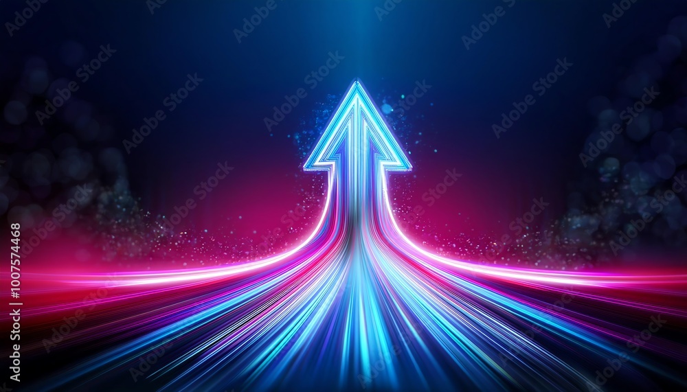 Poster a vibrant neon arrow pointing upwards, surrounded by glowing lines and a dark background, symbolizin