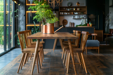 Stylish composition of oak wooden table, copper watering can, and modern floor in beautiful orangery with lush greenery and natural decor