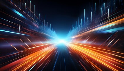 A vibrant, dynamic image depicting streaks of light in blue and orange, creating a sense of speed and motion through a dark background.