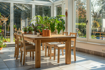 Obraz premium Stylish composition of oak wooden table, copper watering can, and modern floor in beautiful orangery with lush greenery and natural decor