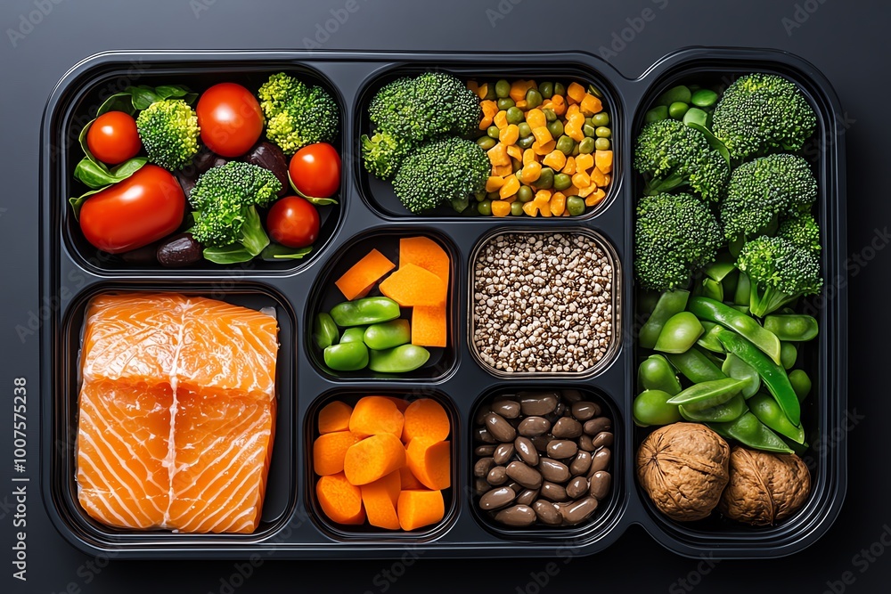 Poster minimalist design of a weekly meal prep plan, showing clean, simple containers filled with portions 