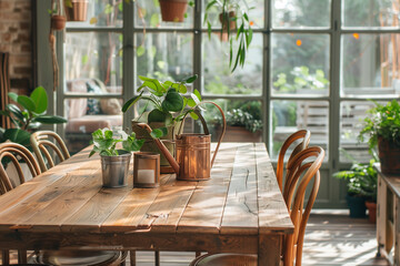 Obraz premium Stylish composition of oak wooden table, copper watering can, and modern floor in beautiful orangery with lush greenery and natural decor