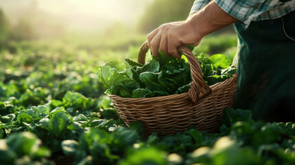Fresh greens are being harvested from lush vegetable fields, showcasing dedication of farmer. warm sunlight enhances vibrant colors of produce, creating serene and productive atmosphere