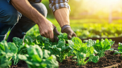 Fototapeta premium farmer harvesting fresh vegetables in organic farm field, showcasing beauty of nature and hard work. sunlight enhances vibrant greens of plants