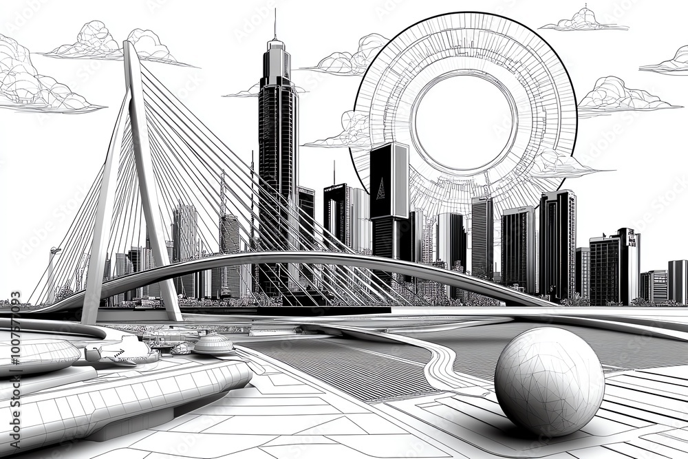 Poster minimalist design of urban infrastructure, with simple lines representing roads, bridges, and buildi