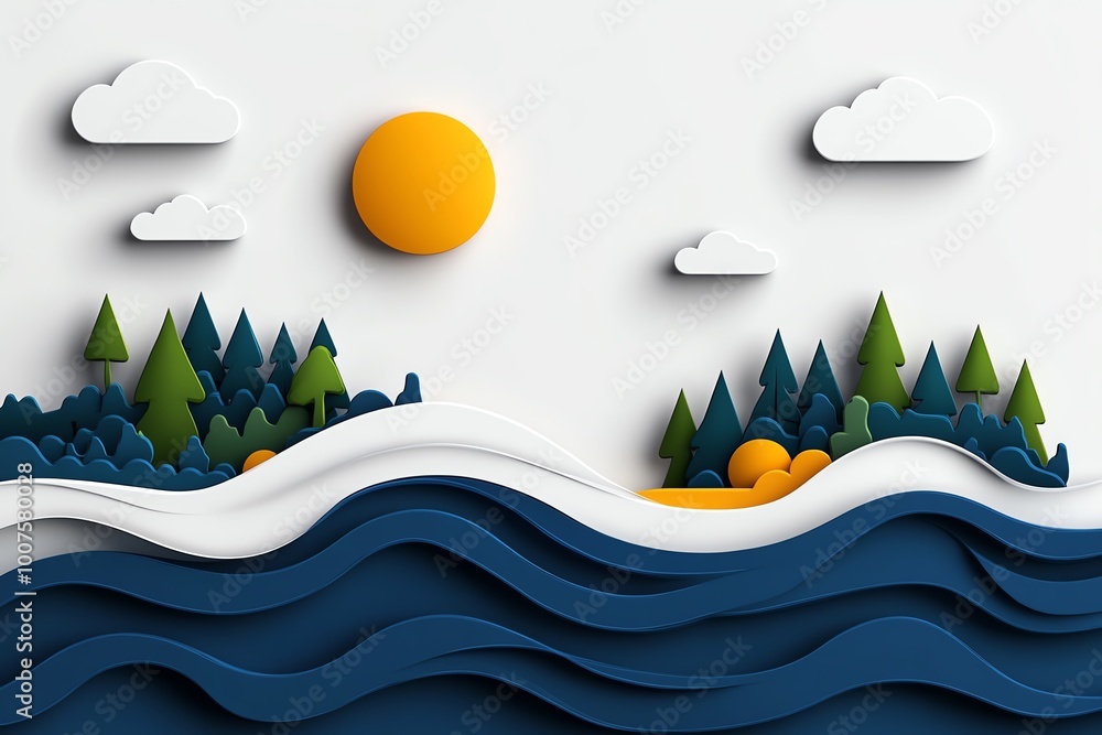 Aufkleber minimalist ocean and nature scene, with abstract shapes representing waves and a forested coastline 