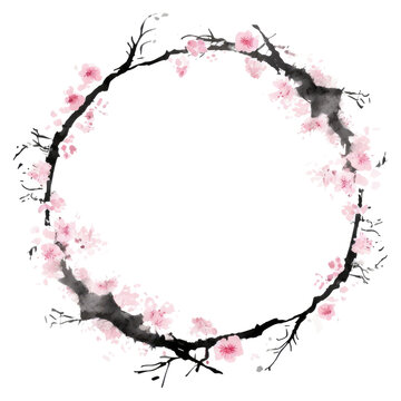 watercolor cherry blossom wreath on white clip art preview