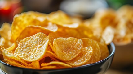 Crispy golden potato chips served in a black bowl, perfect for snacking during gatherings or movie nights at home