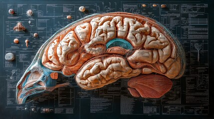 Detailed crosssection of a mammals brain with labeled regions, Animal Brain Anatomy, scientific and educational visualization