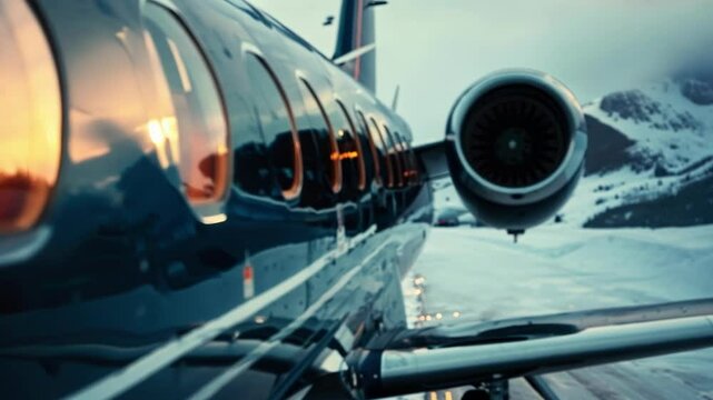 Private jet is standing on the runway with its lights on, waiting for passengers to board and take off into the winter sky