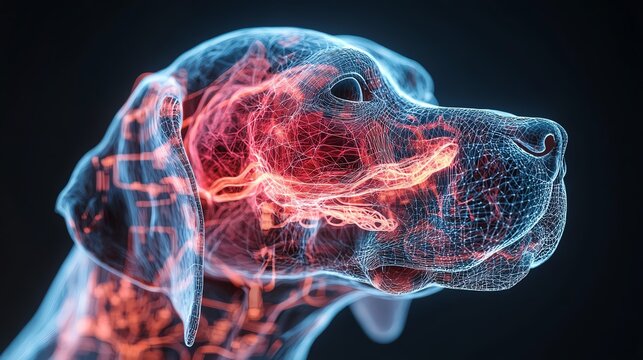 Futuristic rendering of a dogs brain with highlighted olfactory system, Canine Brain and Smell, sensory processing concept