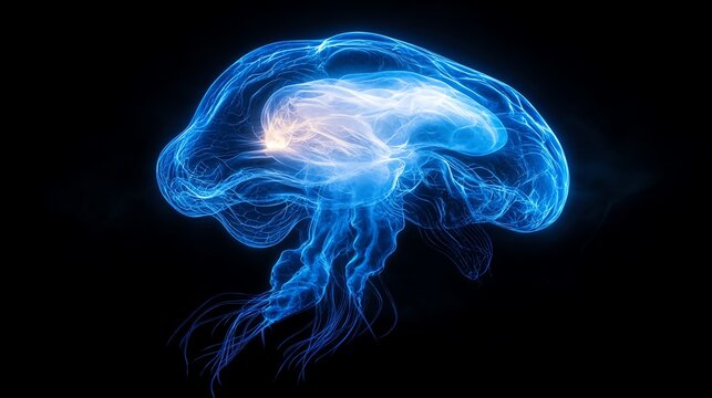 Jellyfish brain in a glowing translucent style, Jellyfish Primitive Brain, simple nerve net structure