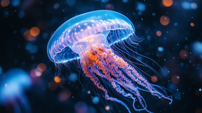 Jellyfish brain in a glowing translucent style, Jellyfish Primitive Brain, simple nerve net structure
