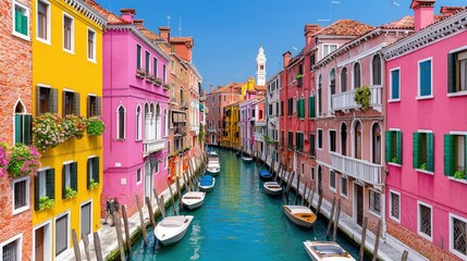 Obraz premium Colorful Canal Houses in Venice Italy Gondola Boats Architecture Travel Photography