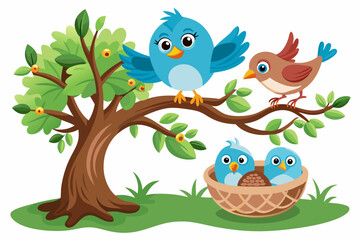 Fototapeta premium cute birds building their first nest on a branch of a large tree on a white background