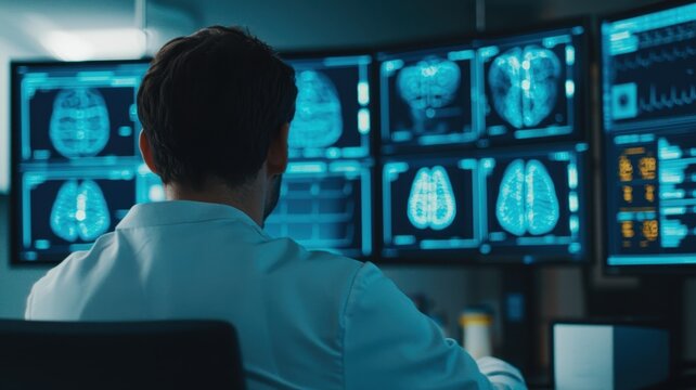 Futuristic Doctors Analyzing Patient Health on Blue Holographic Screens with Copy Space for Medical Innovations Presentation