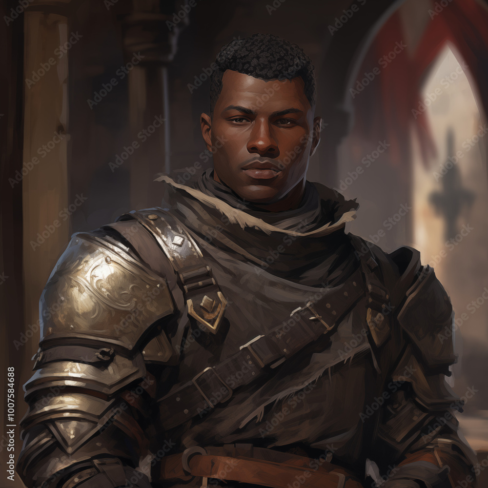 Wall mural Portrait of a male warrior with short hair and a dark complexion wearing armour from a fantasy world.