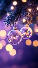 Fototapeta premium Festive Christmas tree glass ornament on purple background