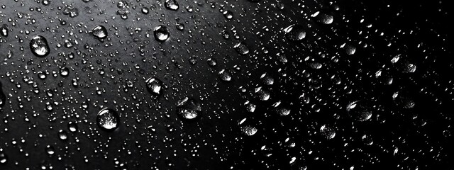 Fototapeta premium Water drops on a black background. Glass texture with droplets. Surface wet with dew. Abstract wallpaper in bubbles. 