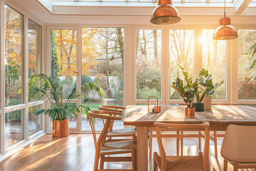 Obraz premium Stylish composition of oak wooden table, copper watering can, and modern floor in beautiful orangery with lush greenery and natural decor