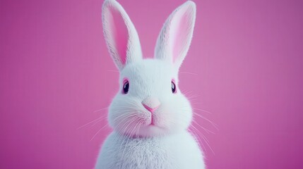 Obraz premium Cute White Bunny with Pink Ears on a Pink Background Easter Pet Animal Adorable
