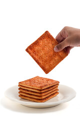 Biscuit cracker with beef floss flavor. isolated on white background. 