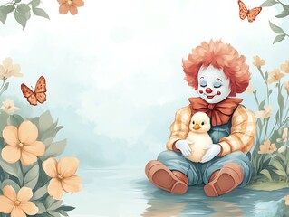 Fototapeta premium A cheerful clown playing with a duckling by a serene pond surrounded by colorful flowers and butterflies in a whimsical landscape.