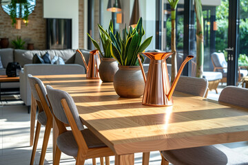  Stylish composition of oak wooden table, copper watering can, and modern floor in beautiful orangery with lush greenery and natural decor
