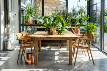 Obraz premium Stylish composition of oak wooden table, copper watering can, and modern floor in beautiful orangery with lush greenery and natural decor