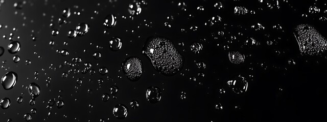  Water drops on a black background. Glass texture with droplets. Surface wet with dew. Abstract wallpaper in bubbles. 