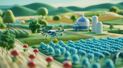 Obraz premium animated 3d drone flying over cartoon farmland scene - green, blue, yellow, and red - 4k
