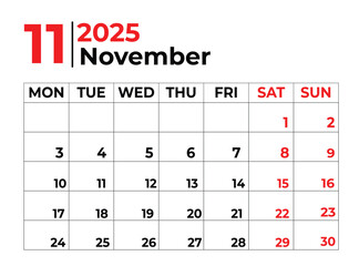 November 2025 Monthly Calendar design with clean look and week starts from sunday