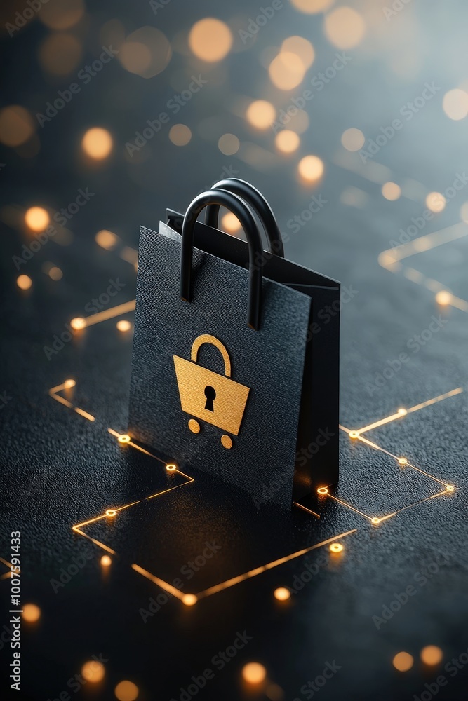 Poster a conceptual image representing secure online shopping with a locked shopping bag against a digital 