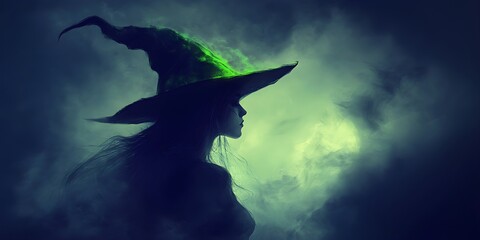 Silhouette of mystic wicked witch in black hat and dress on dark background. Halloween holiday. Witches sabbath on Walpurgis night. Black magic and paganism concept