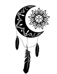 Moon Mandala | Crescent Moon | Moon Design | Moon Decoration | Mandala Design | Moon | Moon Mandala w/Feathers | Floral Mandala Moon | Original Illustration | Vector and Clipart | Cutfile and Stencil