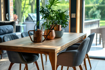 Fototapeta premium Stylish composition of oak wooden table, copper watering can, and modern floor in beautiful orangery with lush greenery and natural decor