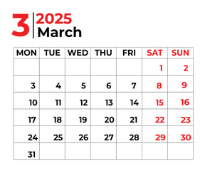 March 2025 Monthly Calendar design with clean look and week starts from sunday 