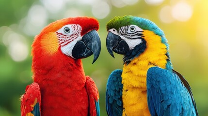 Colorful Macaw Parrots Facing Each Other in Close Up Portrait