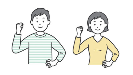 ガッツポーズをする成人男女の上半身イラスト